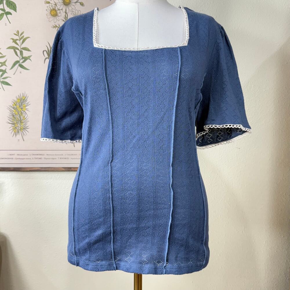 Cato Pointelle Knit Crochet Trim Top Coastal Grandma Cottage Fairy Grunge 22/24W